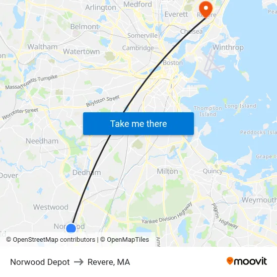 Norwood Depot to Revere, MA map
