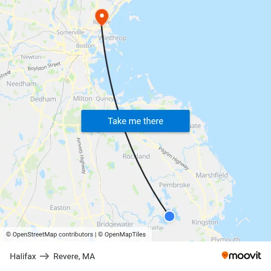 Halifax to Revere, MA map