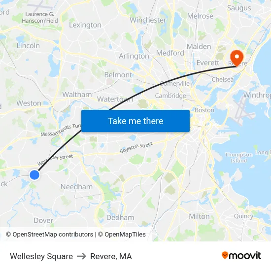 Wellesley Square to Revere, MA map