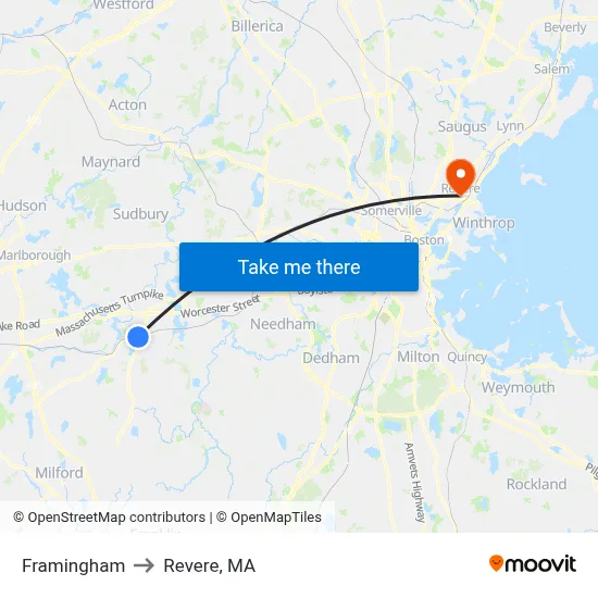 Framingham to Revere, MA map