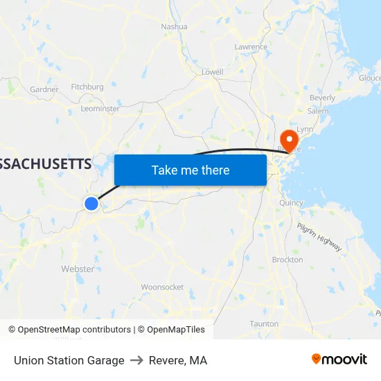 Union Station Garage to Revere, MA map