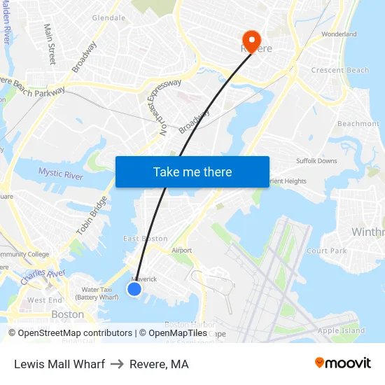 Lewis Mall Wharf to Revere, MA map