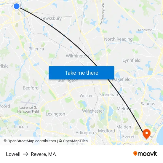 Lowell to Revere, MA map