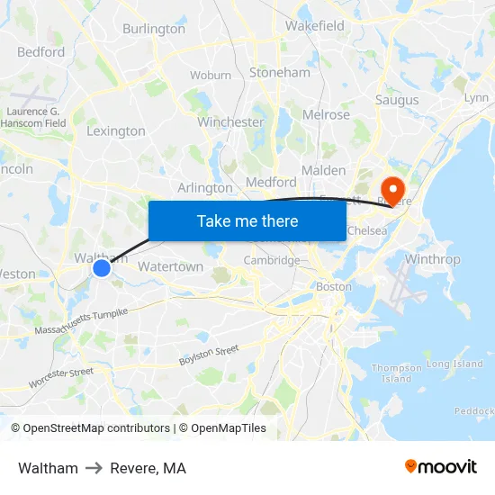Waltham to Revere, MA map
