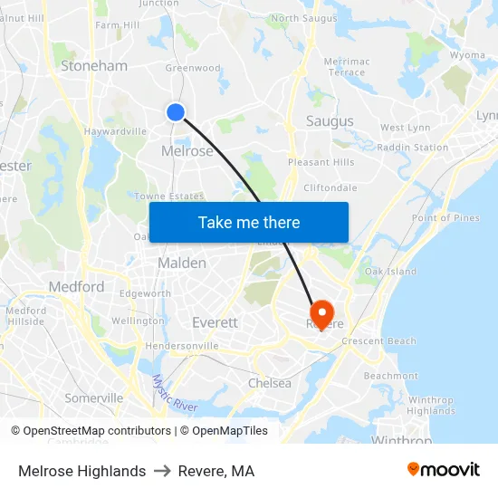 Melrose Highlands to Revere, MA map