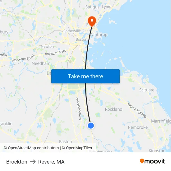 Brockton to Revere, MA map