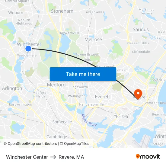 Winchester Center to Revere, MA map