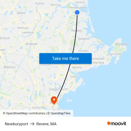 Newburyport to Revere, MA map