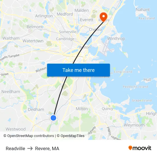 Readville to Revere, MA map