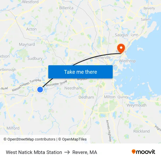 West Natick Mbta Station to Revere, MA map
