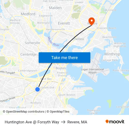 Huntington Ave @ Forsyth Way to Revere, MA map