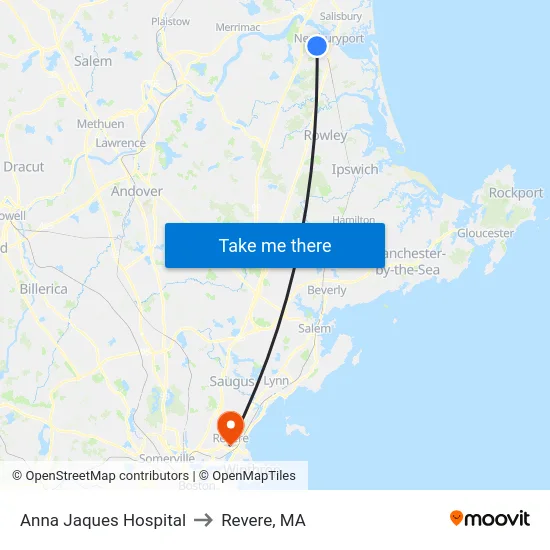 Anna Jaques Hospital to Revere, MA map