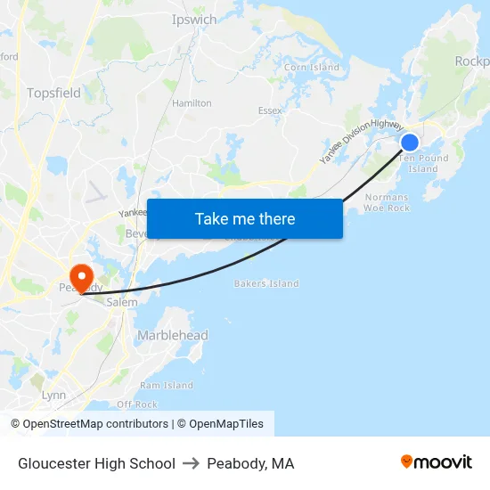 Gloucester High School to Peabody, MA map