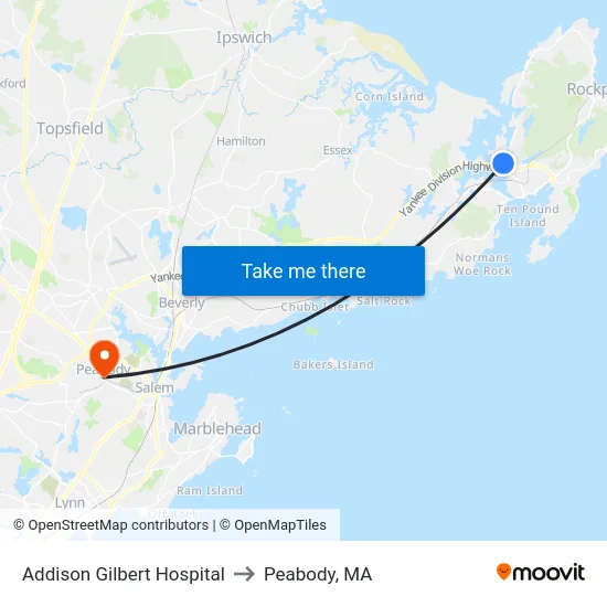 Addison Gilbert Hospital to Peabody, MA map