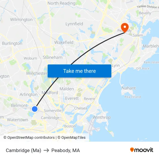 Cambridge (Ma) to Peabody, MA map