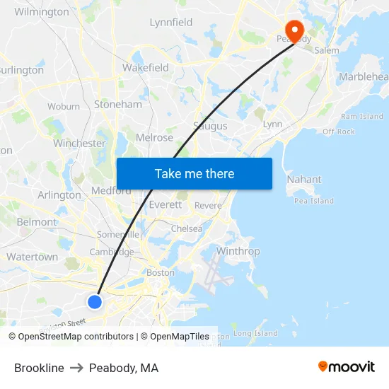 Brookline to Peabody, MA map