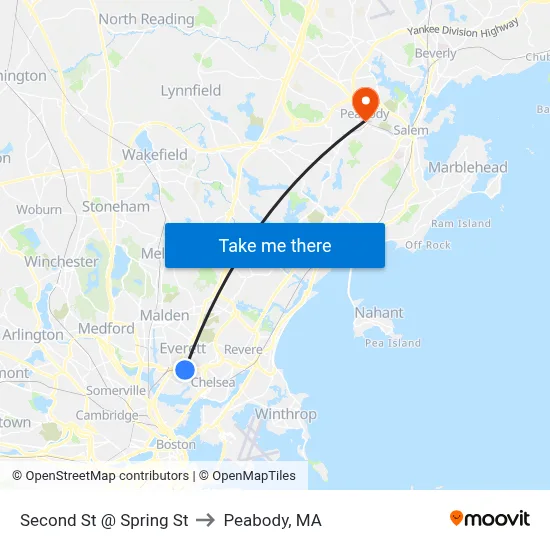 Second St @ Spring St to Peabody, MA map
