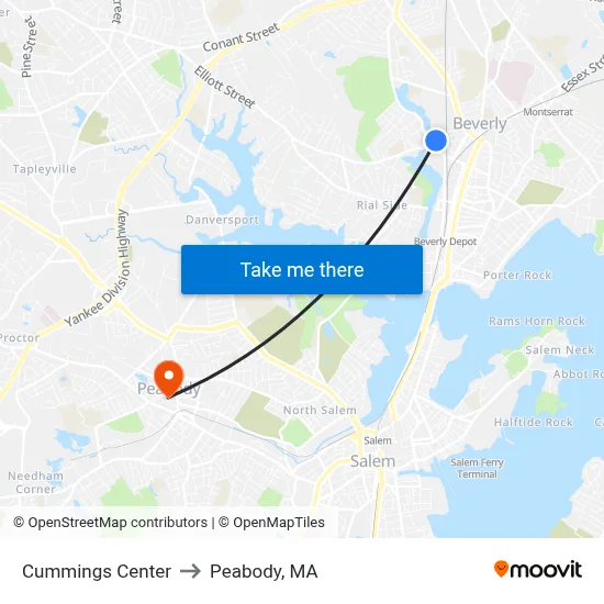Cummings Center to Peabody, MA map