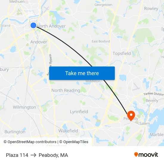 Plaza 114 to Peabody, MA map