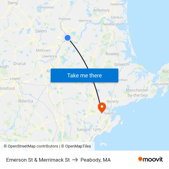 Emerson St & Merrimack St to Peabody, MA map