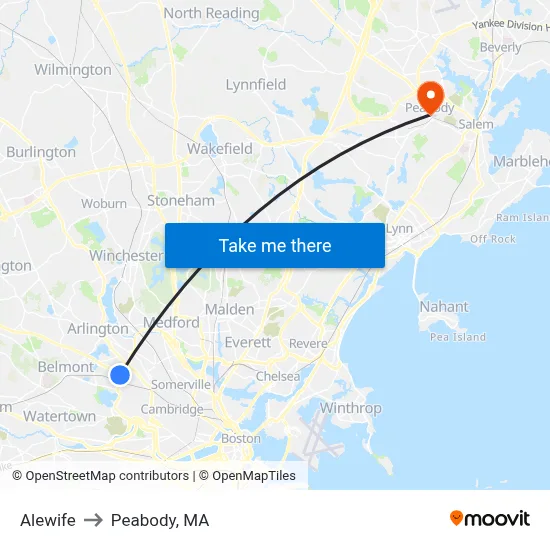 Alewife to Peabody, MA map