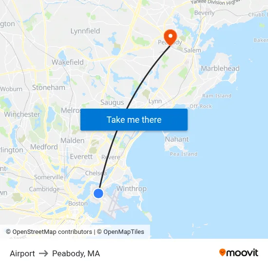 Airport to Peabody, MA map