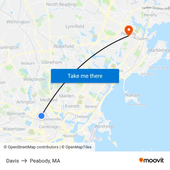Davis to Peabody, MA map