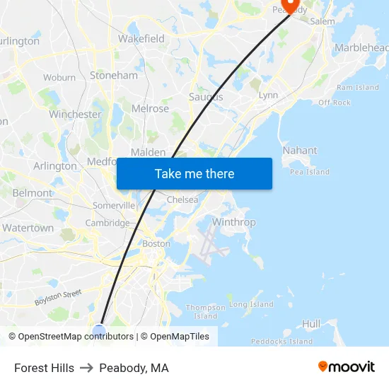 Forest Hills to Peabody, MA map