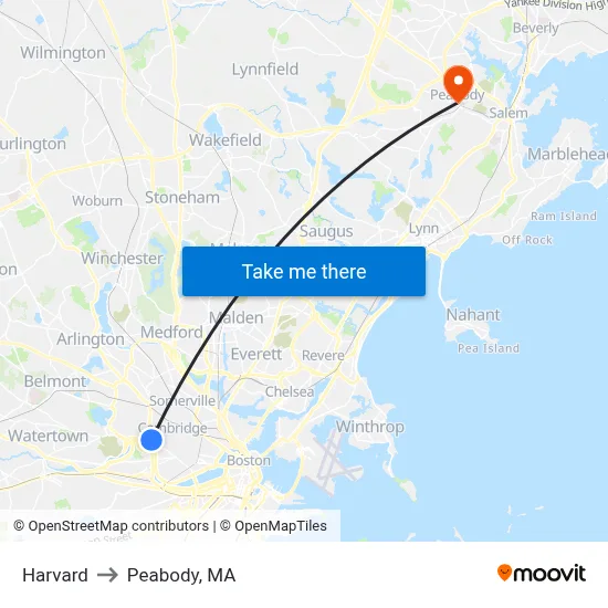 Harvard to Peabody, MA map