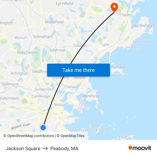 Jackson Square to Peabody, MA map
