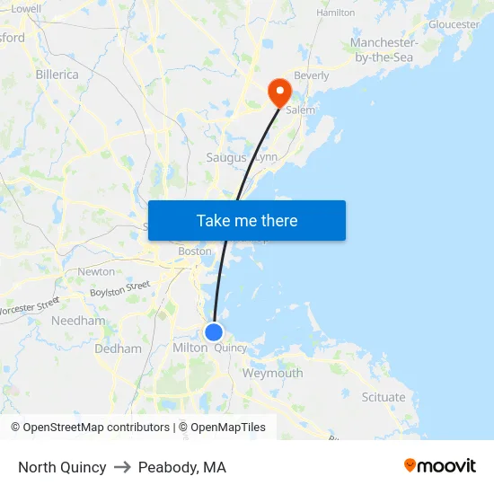 North Quincy to Peabody, MA map