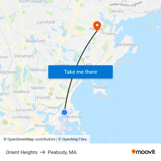 Orient Heights to Peabody, MA map