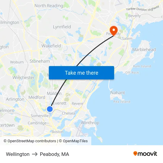 Wellington to Peabody, MA map