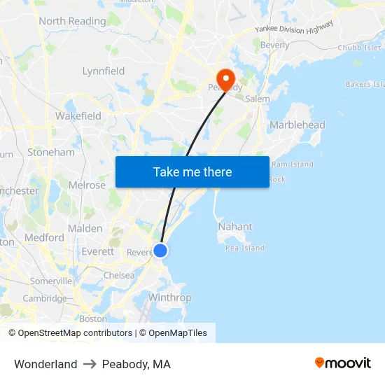 Wonderland to Peabody, MA map