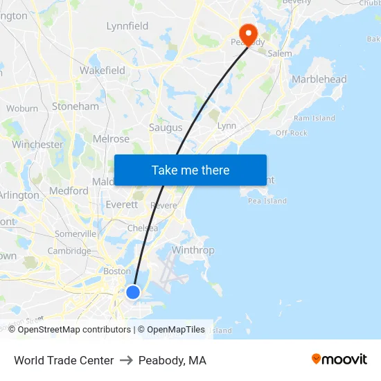 World Trade Center to Peabody, MA map
