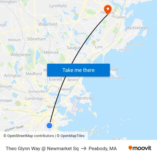 Theo Glynn Way @ Newmarket Sq to Peabody, MA map