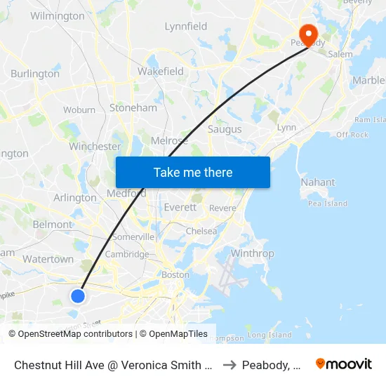 Chestnut Hill Ave @ Veronica Smith Ctr to Peabody, MA map