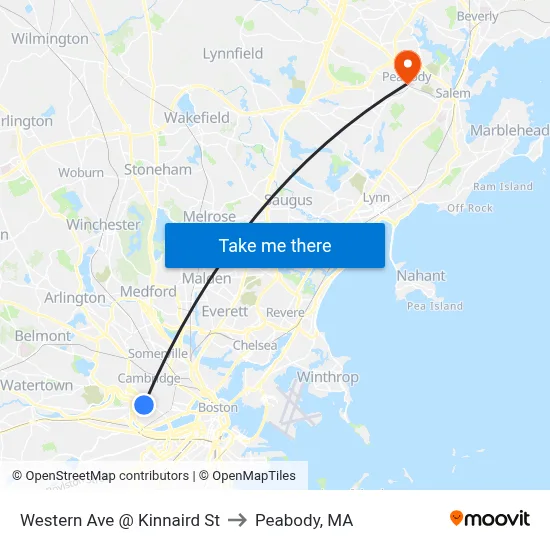 Western Ave @ Kinnaird St to Peabody, MA map
