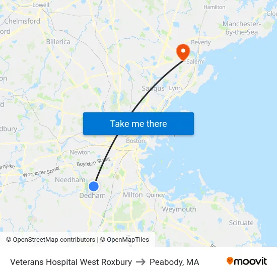 Veterans Hospital West Roxbury to Peabody, MA map