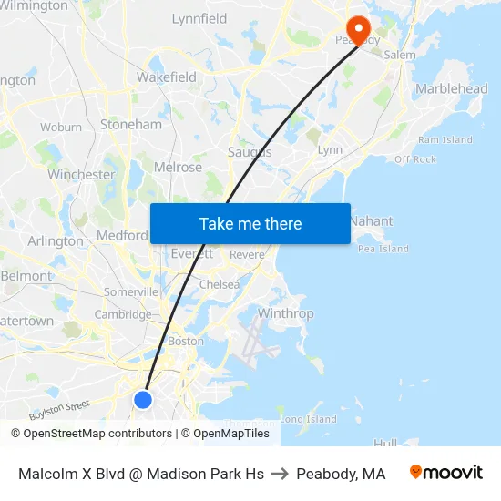 Malcolm X Blvd @ Madison Park Hs to Peabody, MA map