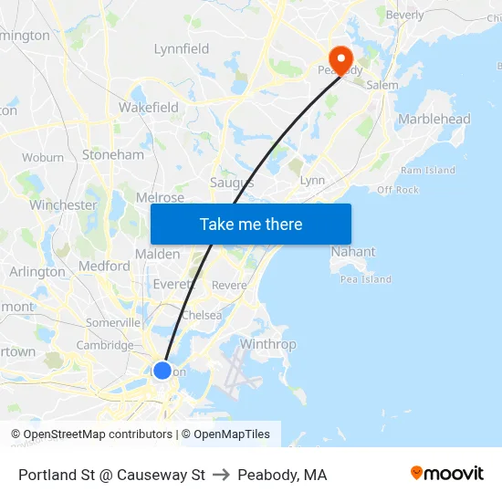 Portland St @ Causeway St to Peabody, MA map