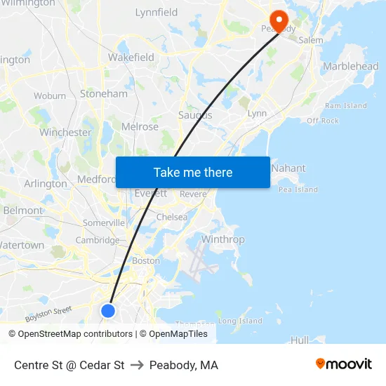 Centre St @ Cedar St to Peabody, MA map