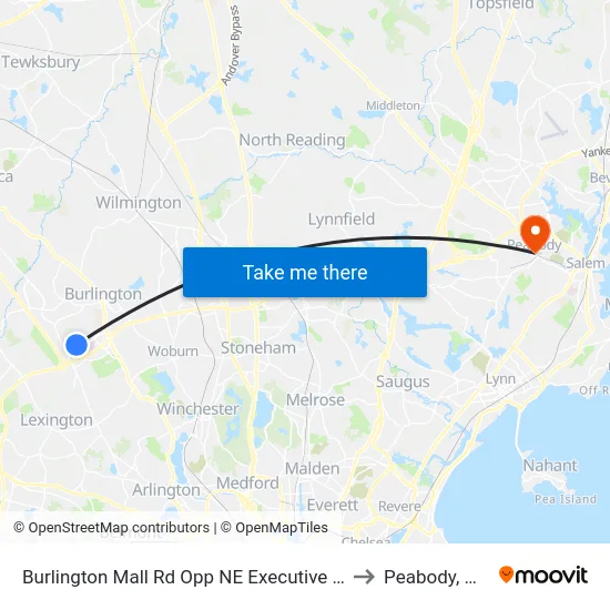 Burlington Mall Rd Opp NE Executive Pk to Peabody, MA map