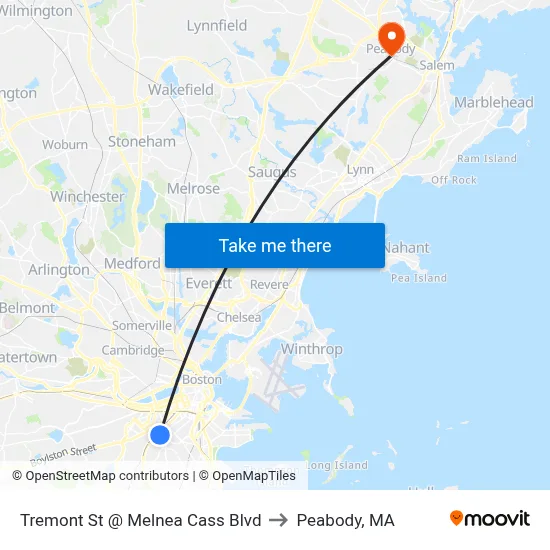 Tremont St @ Melnea Cass Blvd to Peabody, MA map