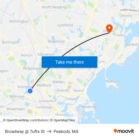 Broadway @ Tufts St to Peabody, MA map