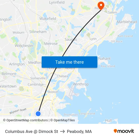 Columbus Ave @ Dimock St to Peabody, MA map