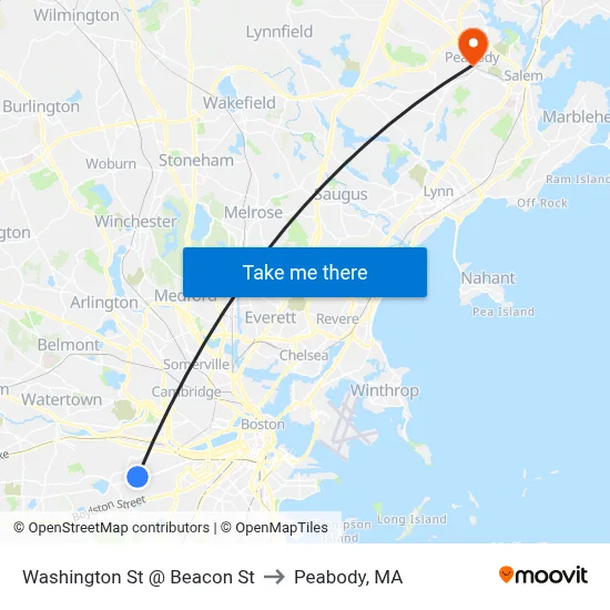 Washington St @ Beacon St to Peabody, MA map