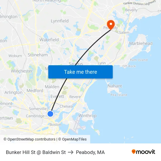 Bunker Hill St @ Baldwin St to Peabody, MA map