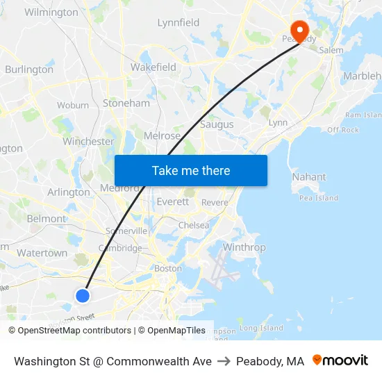 Washington St @ Commonwealth Ave to Peabody, MA map