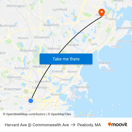 Harvard Ave @ Commonwealth Ave to Peabody, MA map